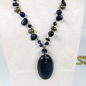 Blue Goldstone Pendant Necklace Pearls Gemstone Chunks Beads Artisan